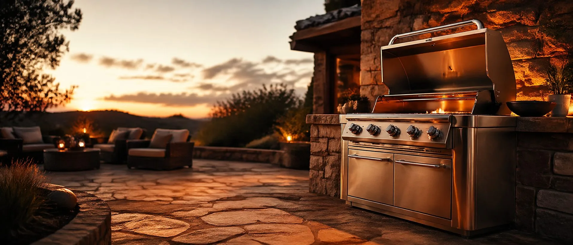 Home 1 premium stainless steel gas grill on stone patio at golden hour in a premium backyard setting, Grill Island brand imagery
