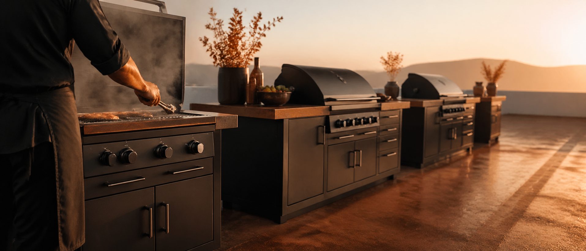 Home 22 premium outdoor grills and kitchen islands in backyard setting, Grill Island brand imagery near Albuquerque, NM