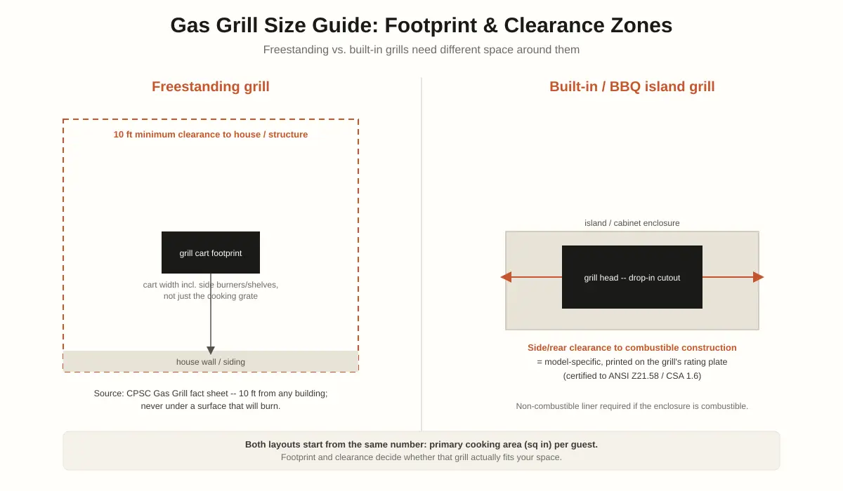 Gas Grill Size Guide: Cooking Area, Footprint & Clearance 1 Gas grill size guide: footprint and clearance zones for freestanding vs. built-in grills